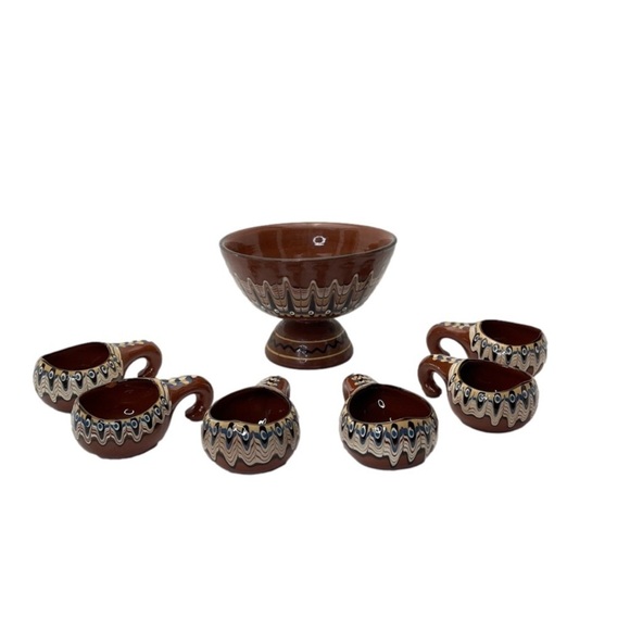 TROYAN Bulgaria Feather Pottery Pedestal Bowl &  6 Cups - Picture 2 of 13